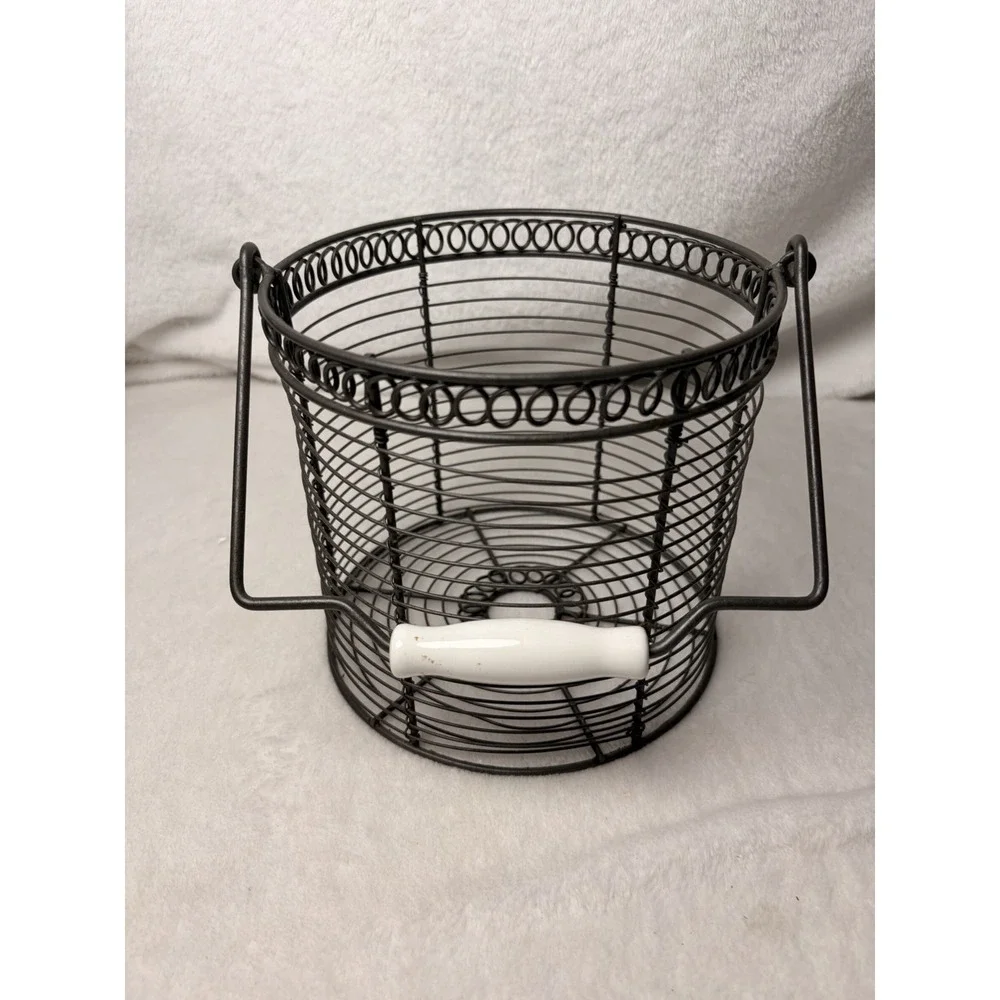 Vintage 90s Farmhouse Wire Basket Pivoting Ceramic Handle Primitive Cottagecore